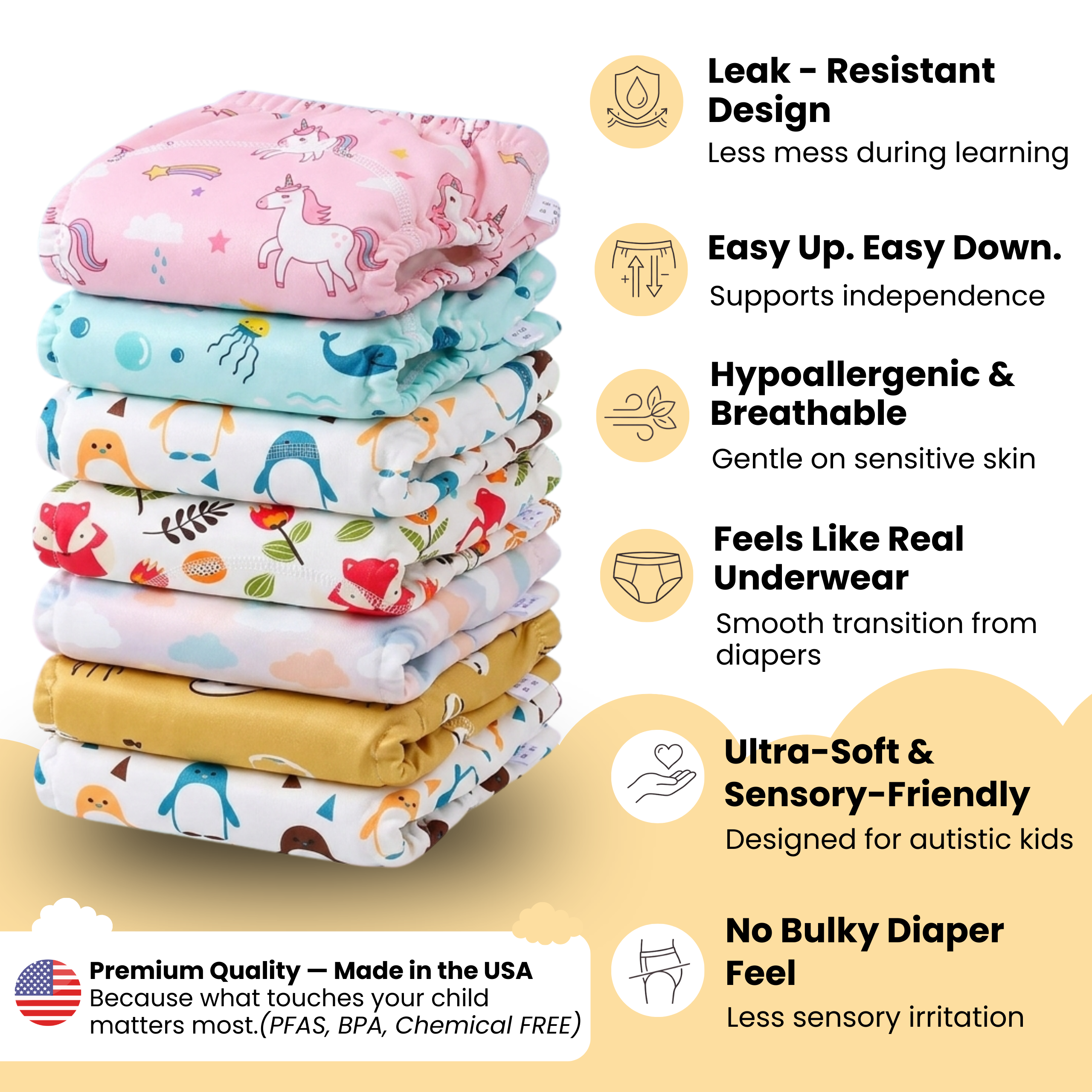 Potty Training Underwear Designed for Autistic Kids - Our Body-Signal Learning Layer™️ supports body awareness without overwhelming your children. Leakproof & sensory friendly.