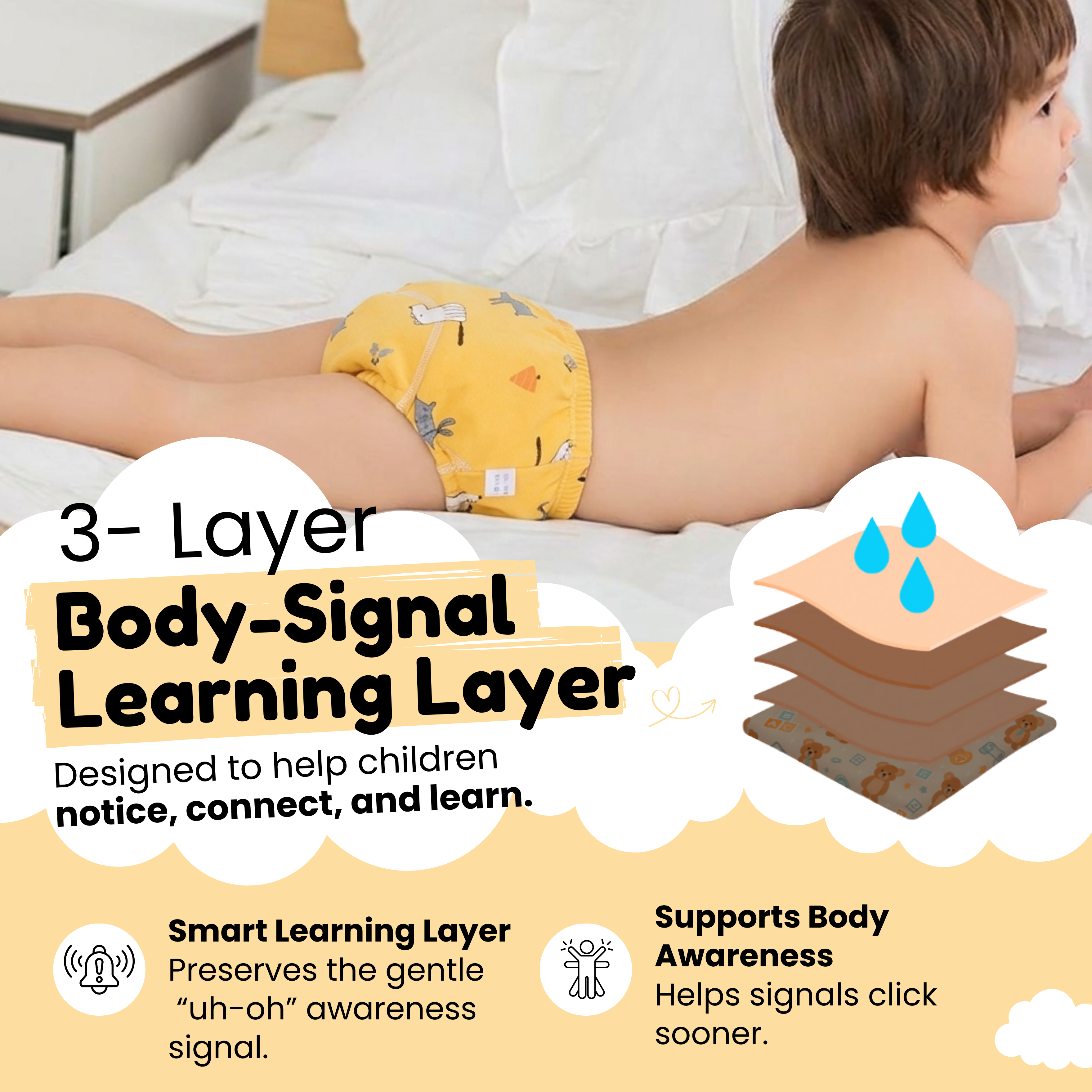 Potty Training Underwear Designed for Autistic Kids - Our Body-Signal Learning Layer™️ supports body awareness without overwhelming your children. Leakproof & sensory friendly.