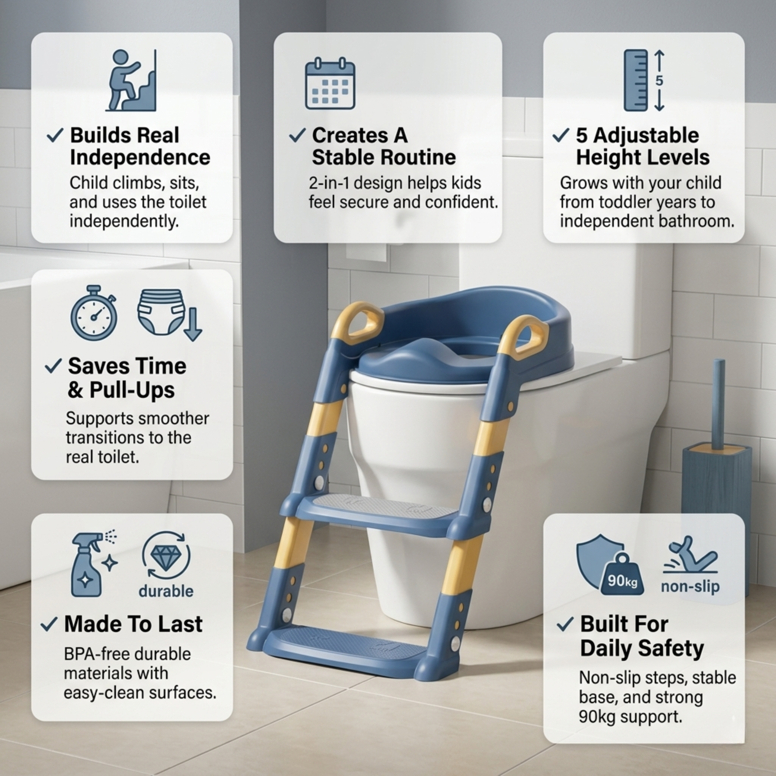 2-in-1 Toilet Stairs - The bridge from potty to real toilet — built so kids can do it themselves.