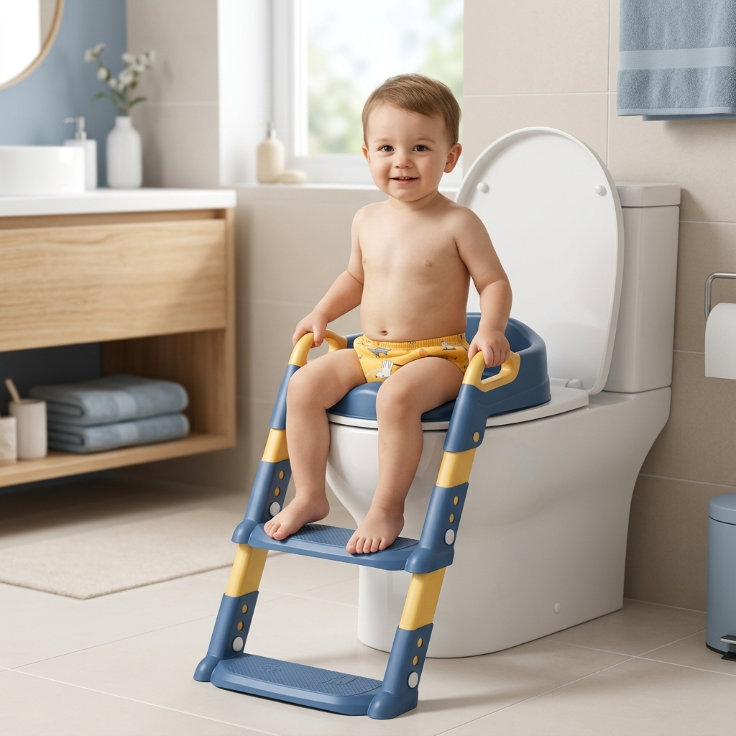 2-in-1 Toilet Stairs - The bridge from potty to real toilet — built so kids can do it themselves.
