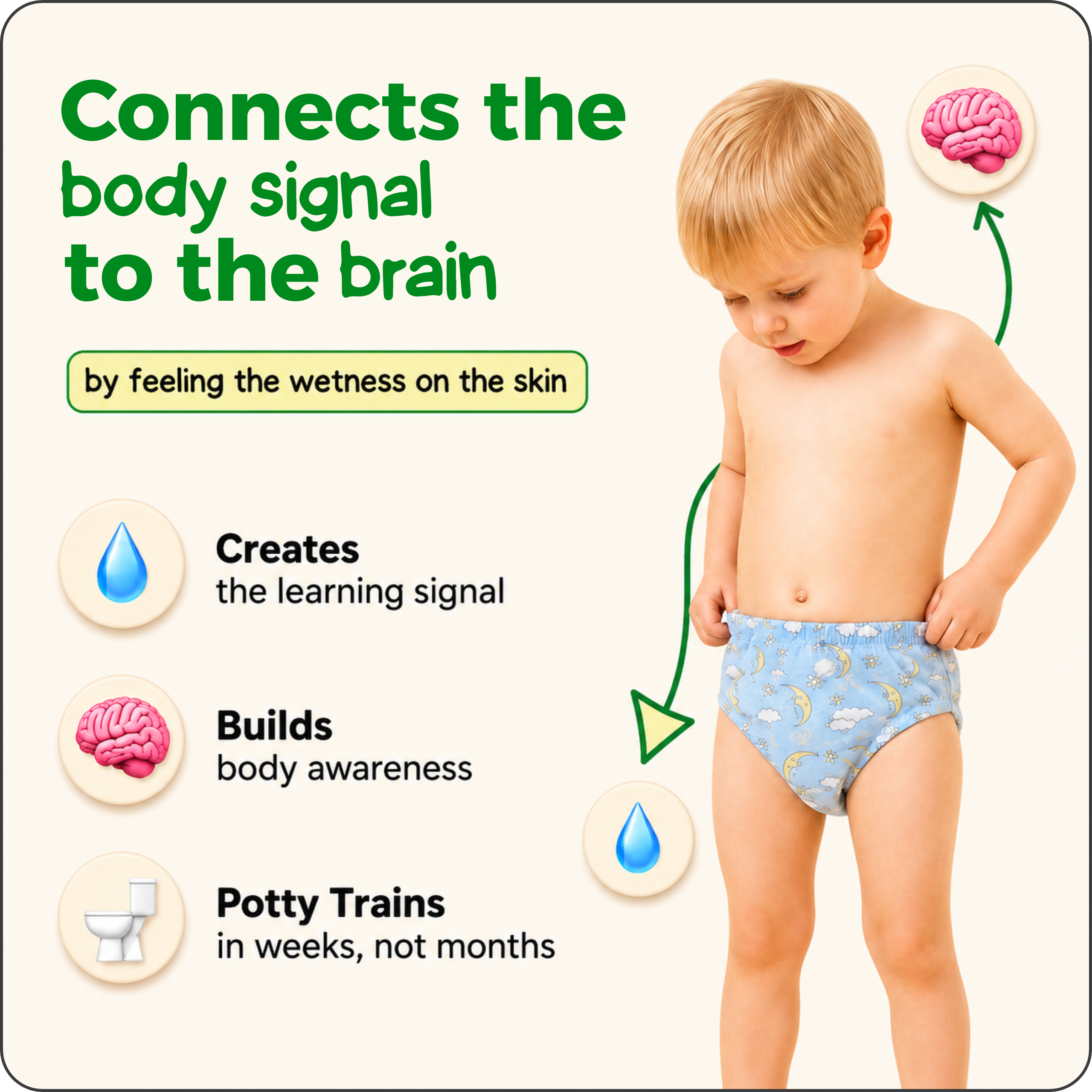 Help Your Child Become Potty Trained in 4–6 Weeks - Our Body Signal Learning Layer™ preserves the natural wetness signal so your child can recognize when it's time to go.