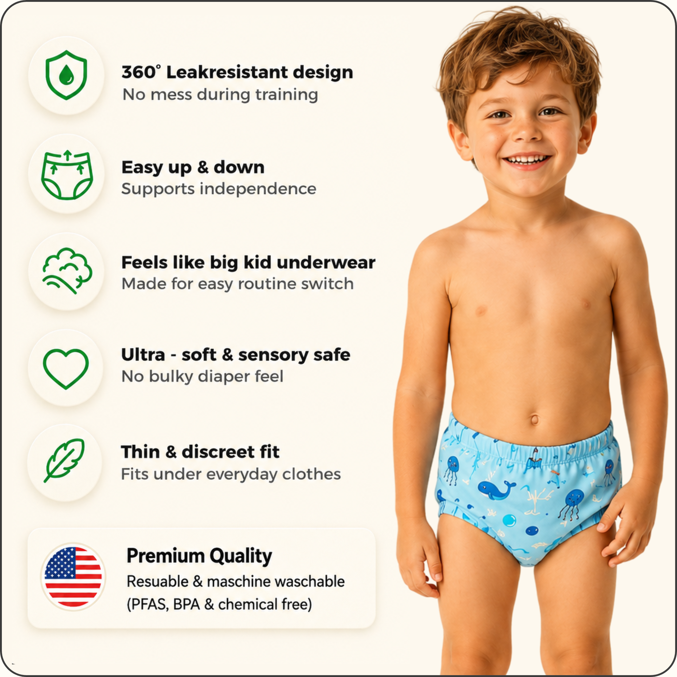 Help Your Child Become Potty Trained in 4–6 Weeks - Our Body Signal Learning Layer™ preserves the natural wetness signal so your child can recognize when it's time to go.