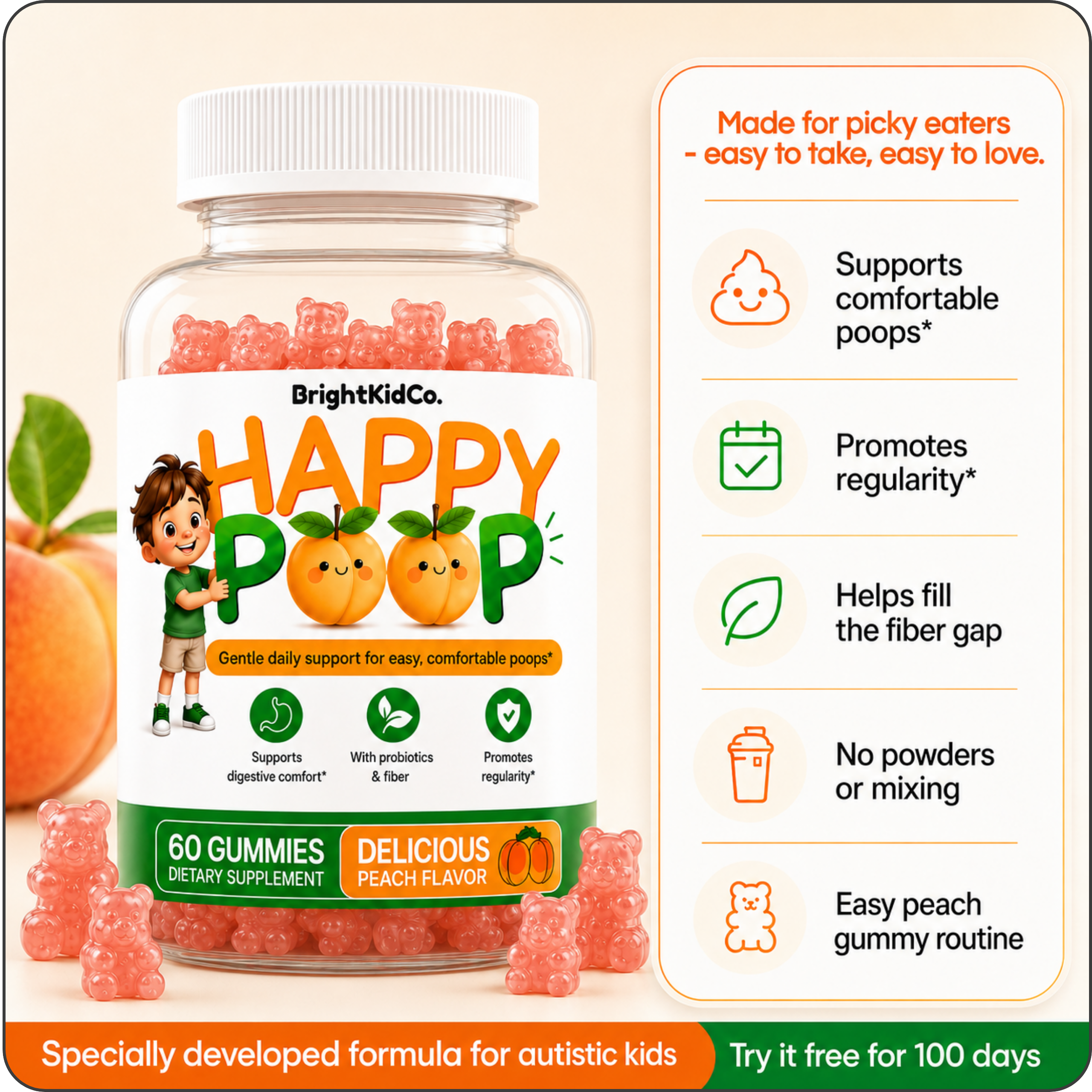 Happy Poop™ Gummies - Specially Developed to Support Healthy, Comfortable Poops in Autistic Kids